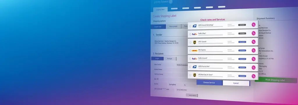 Ein Bildschirm zeigt Software zum Erstellen von Versandetiketten mit Optionen für verschiedene Versanddienstleister.